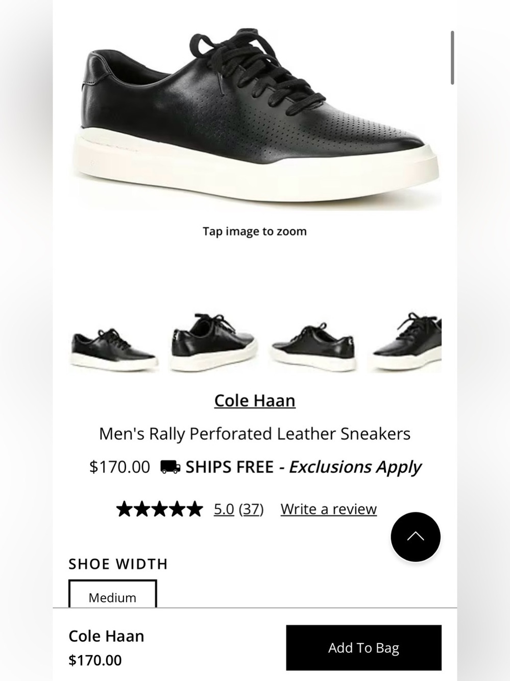 Cole Haan Men’s Rally Perforated Leather Lace-Up Sneaker Casual Black Size 9M